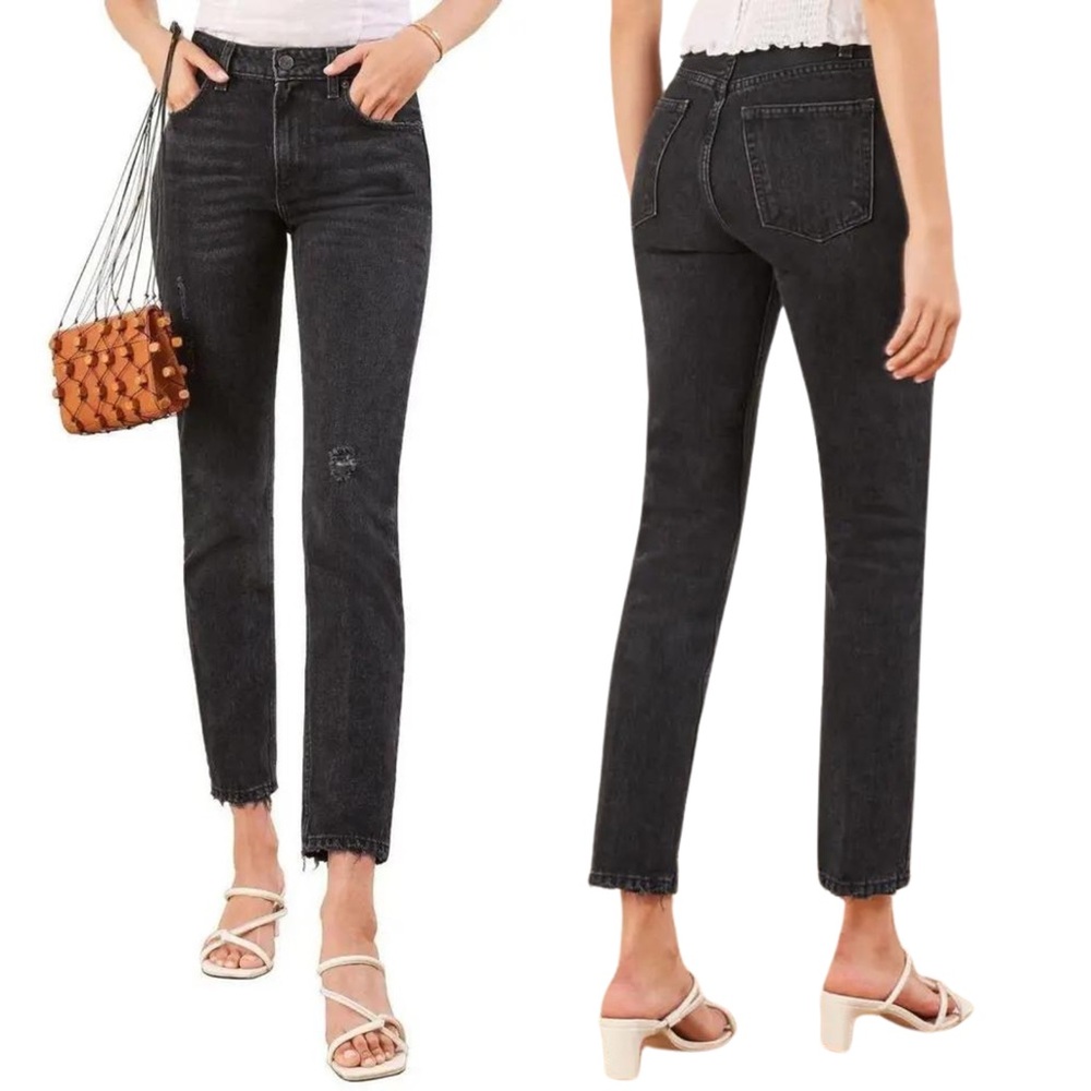 Reformation Julia High Cigarette Distressed Black Jean Women’s 25